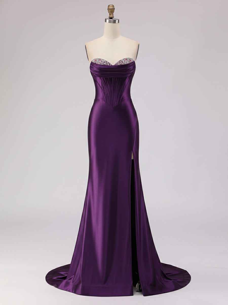 Light Blue Satin Strapless Corset Prom Dress with Slit