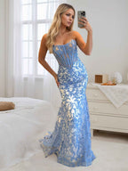 Light Blue Satin Strapless Pearl Beaded Corset Ruched Prom Dress