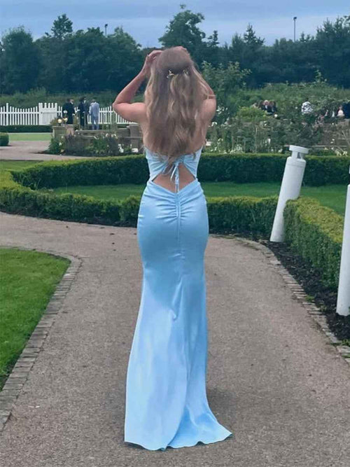 Light Blue Satin V-Neck Mermaid Long Prom Dress BMBRIDE