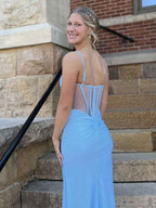 Light Blue Spaghetti Strap Corset Bodice Prom Dress with High Slit BMBRIDE