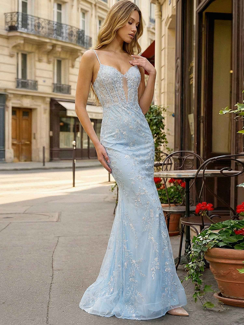 Light Blue Spaghetti Straps Floral Appliqu¡§| Corset Mermaid Prom Dress