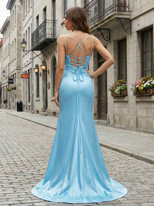 Light Blue Spaghetti Straps Satin Cutout Long Prom Dress with Bow BMBRIDE
