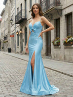 Light Blue Spaghetti Straps Satin Cutout Long Prom Dress with Bow