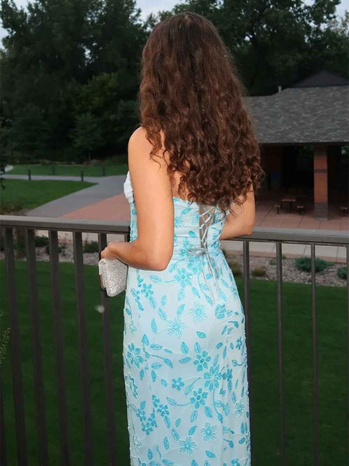 Light Blue Strapless Floral Beaded Prom Dress with Corset Back BMBRIDE