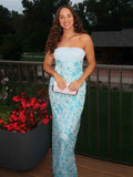 Light Blue Strapless Floral Beaded Prom Dress with Corset Back
