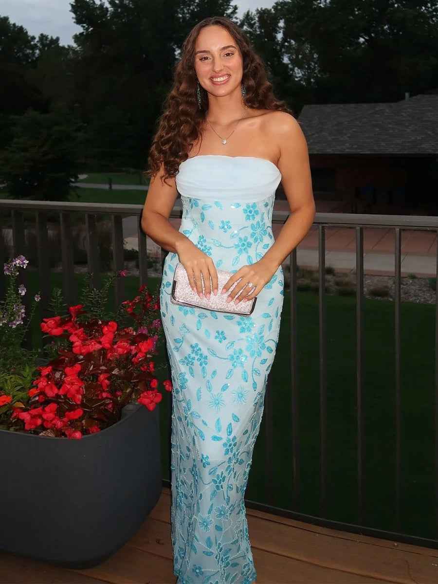 Light Blue Strapless Floral Beaded Prom Dress with Corset Back