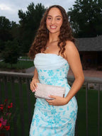 Light Blue Strapless Floral Beaded Prom Dress with Corset Back