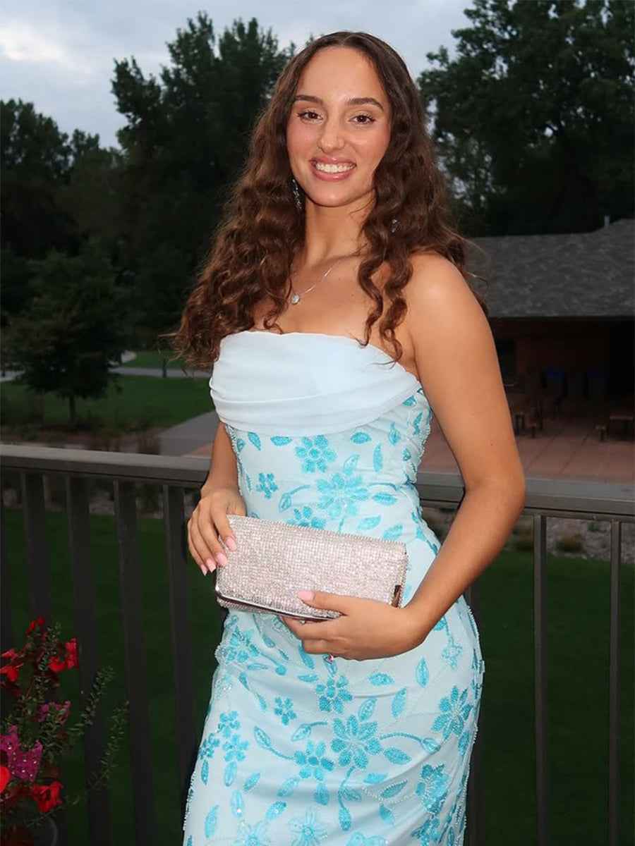 Light Blue Strapless Floral Beaded Prom Dress with Corset Back