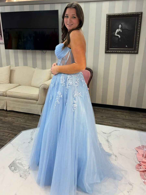 Light Blue Strapless Lace Applique Sheer Corset Prom Dress BMBRIDE