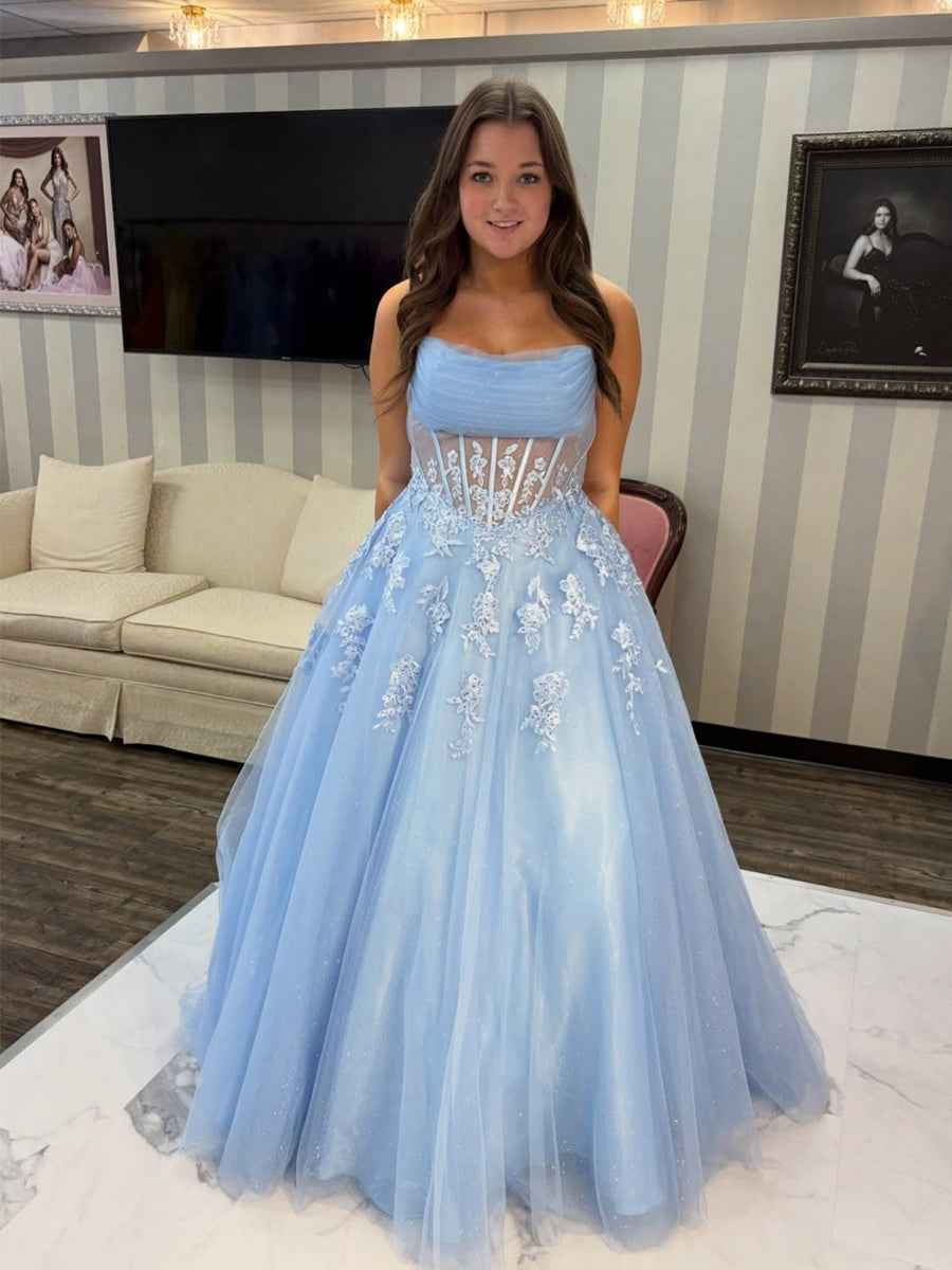 Light Blue Strapless Lace Applique Sheer Corset Prom Dress