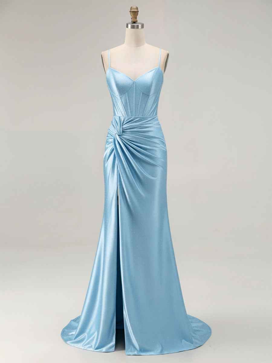Blue Ruched Corset Mermaid Beaded Long Prom Dress With Slit