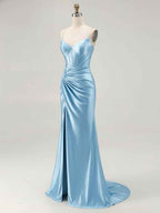 Blue Ruched Corset Mermaid Beaded Long Prom Dress With Slit