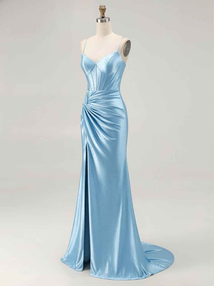 Blue Ruched Corset Mermaid Beaded Long Prom Dress With Slit