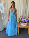 Light Blue Strapless Tulle Prom Dress with Floral Lace Appliqu¡§|s
