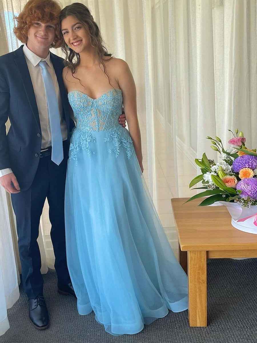 Light Blue Strapless Tulle Prom Dress with Floral Lace Appliqu¡§|s