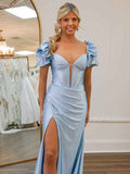 Light Blue Mermaid Anne Neck Puff Sleeves Long Prom Dress with Slit