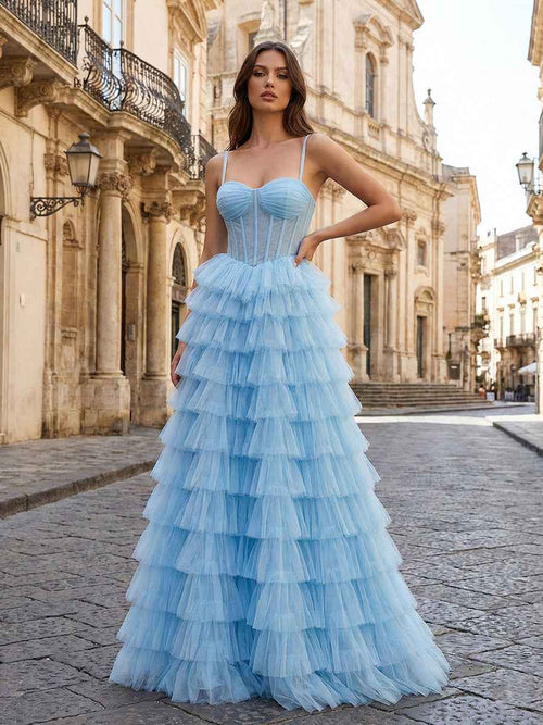 Light Blue Sweetheart A Line Tiered Tulle Corset Prom Dress BMBRIDE