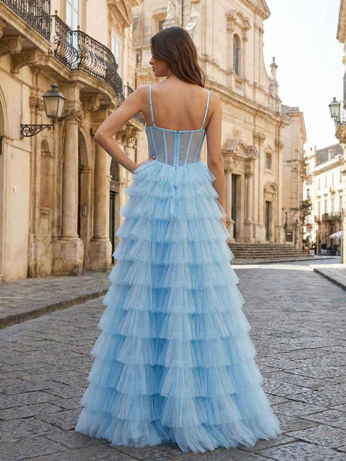 Light Blue Sweetheart A Line Tiered Tulle Corset Prom Dress BMBRIDE