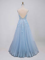 Light Blue V-Neck Tulle A-Line Prom Dress with 3D Floral Appliqu¡§|s