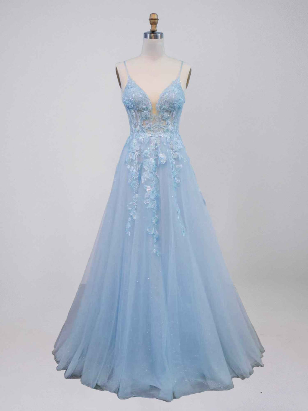 Light Blue V-Neck Tulle A-Line Prom Dress with 3D Floral Appliqu¡§|s