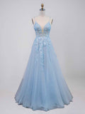 Light Blue V-Neck Tulle A-Line Prom Dress with 3D Floral Appliqu¡§|s