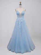 Light Blue V-Neck Tulle A-Line Prom Dress with 3D Floral Appliqu¡§|s