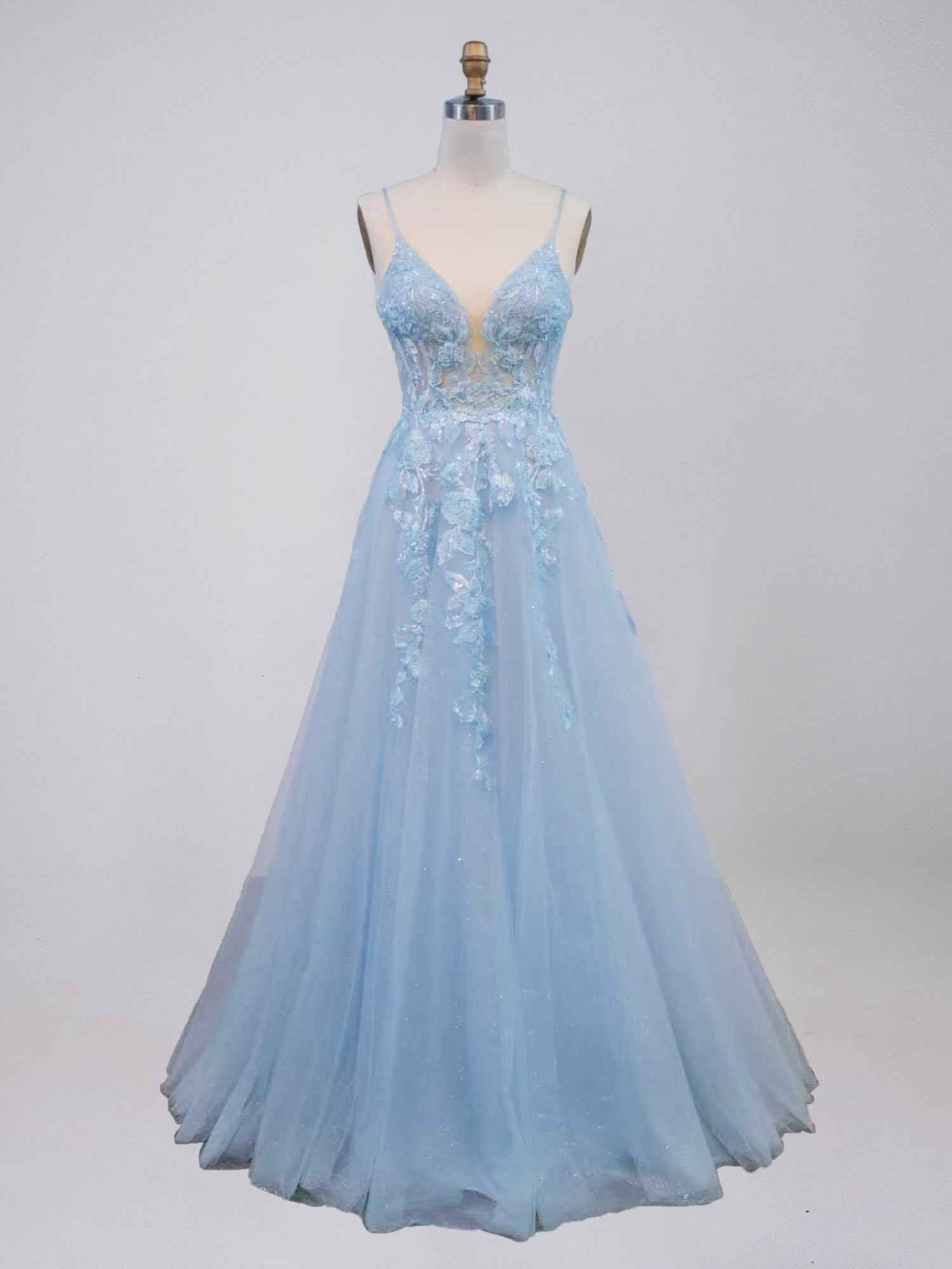 Light Blue V-Neck Tulle A-Line Prom Dress with 3D Floral Appliqu¡§|s