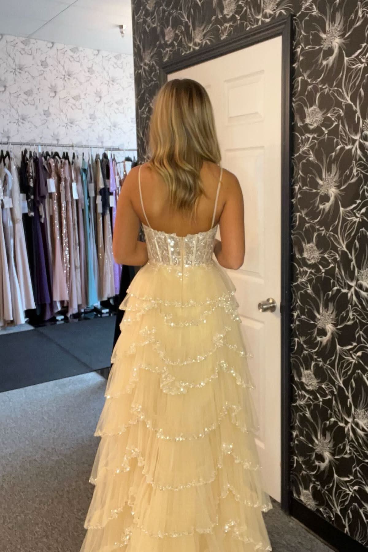 Fashionable Straps Black Mesh Cutout Sequined Layered Long Prom Dress BM bride