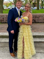 Light Yellow Tiered Ruffled Tulle Long Prom Dress