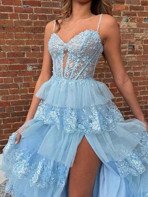 Light Blue A-Line Spaghetti Straps Long Tulle Prom Dress with Appliques BMBRIDE