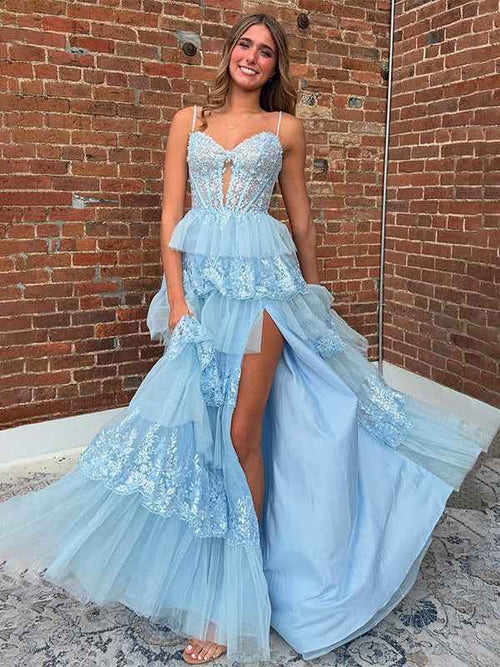 Light Blue A-Line Spaghetti Straps Long Tulle Prom Dress with Appliques BMBRIDE
