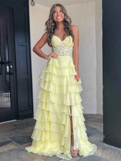 Light Blue A-Line Sweetheart Long Tiered Prom Dress with Slit BMBRIDE
