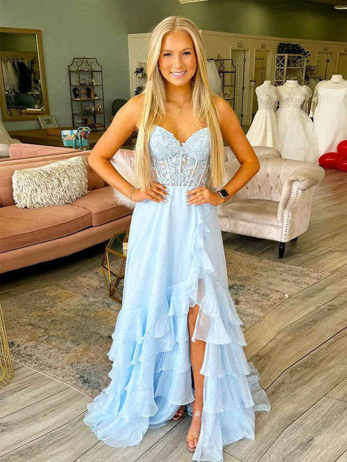 Light Blue A Line Strapless Appliques Corset Prom Dress with Ruffle Skirt BMBRIDE