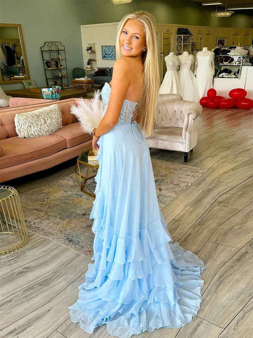 Light Blue A Line Strapless Appliques Corset Prom Dress with Ruffle Skirt BMBRIDE