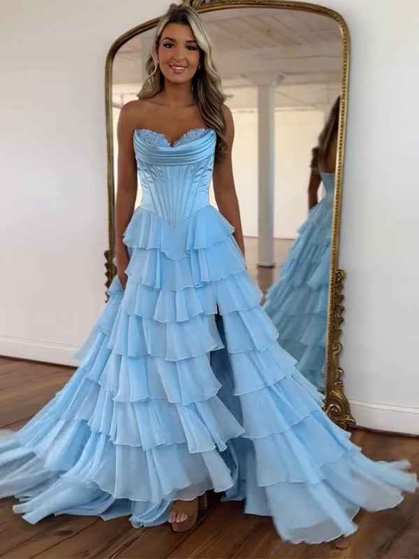 Yellow A Line Strapless Satin Corset Long Prom Dress with Ruffle Skirt