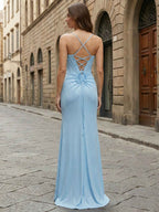 Light Blue Crystal-Trimmed Corset Prom Dress with Slit
