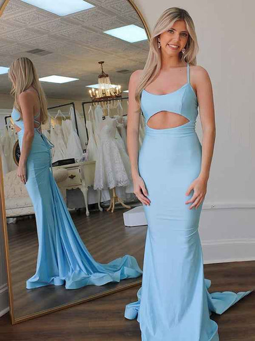 Light Blue Mermaid Long Scoop Neck Satin Long Prom Dress BMBRIDE