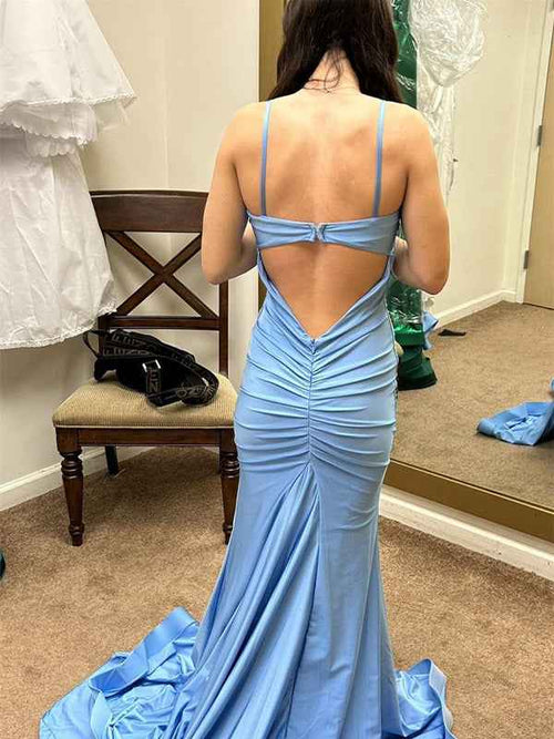 Light Blue Mermaid Spaghetti Strap Long Prom Dress with Slit BMBRIDE