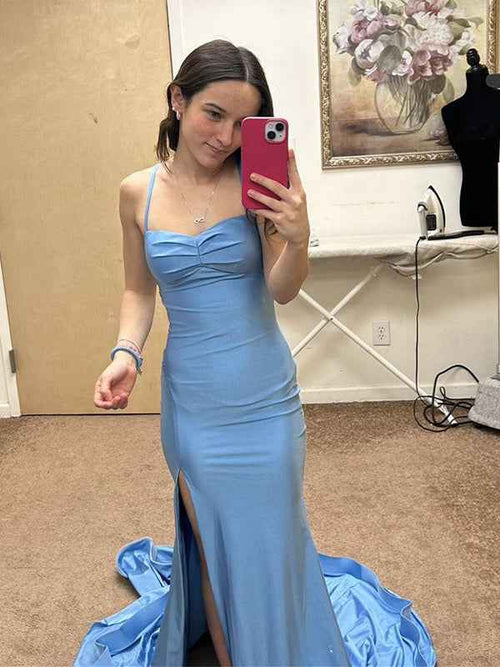 Light Blue Mermaid Spaghetti Strap Long Prom Dress with Slit BMBRIDE