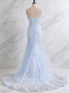 Light Blue Mermaid Spaghetti Straps Long Prom Dress with Beading