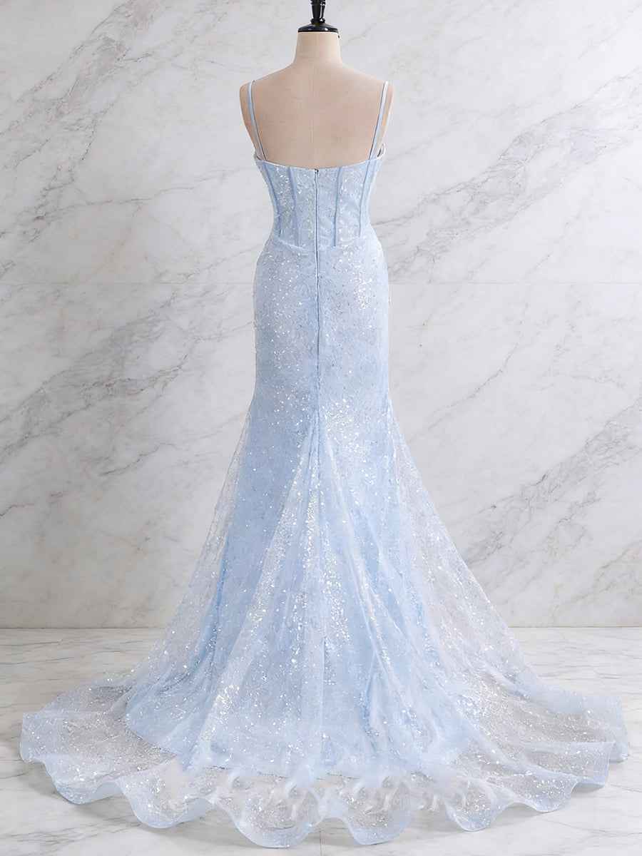 Light Blue Mermaid Spaghetti Straps Long Prom Dress with Beading
