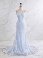 Light Blue Mermaid Spaghetti Straps Long Prom Dress with Beading