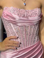 Light Blue Mermaid Strapless Applique Sweep Train Prom Dress with Slit