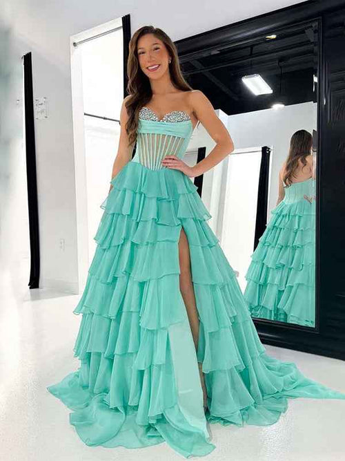 Turquoise A-Line Sweetheart Strapless Empire Tiered Beaded Chiffon Prom Dress BMBRIDE