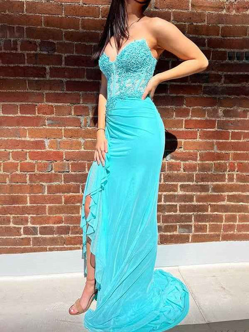 Turquoise Mermaid Strapless Empire Appliques Ruffled Party Prom Dress BMBRIDE