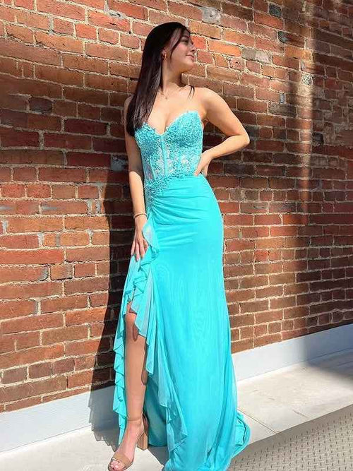 Turquoise Mermaid Strapless Empire Appliques Ruffled Party Prom Dress BMBRIDE