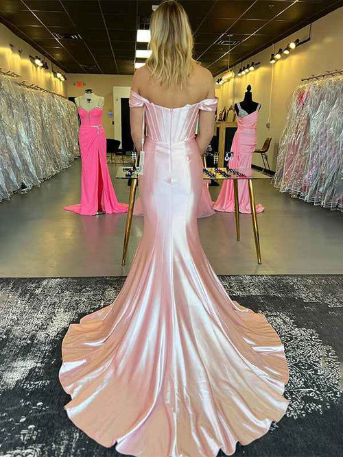 Light Pink Mermaid Off The Shoulder Corset Satin Long Prom Dress BMBRIDE