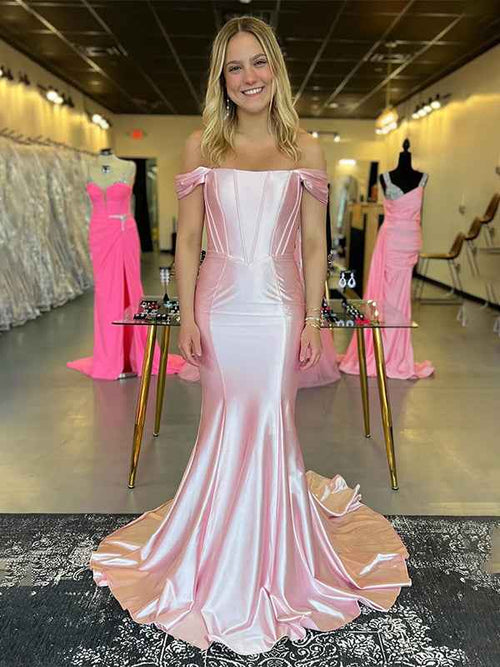 Light Pink Mermaid Off The Shoulder Corset Satin Long Prom Dress BMBRIDE