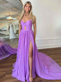 Lilac A Line Pleated Strapless Long Prom Dress with Slit
