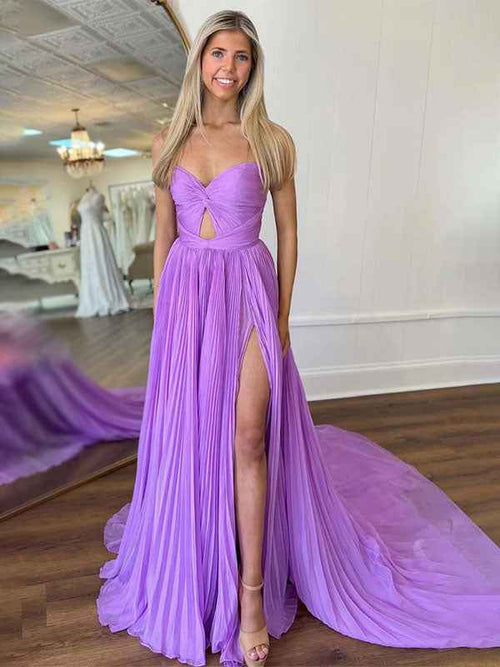 Lilac A Line Pleated Strapless Long Prom Dress with Slit BMBRIDE